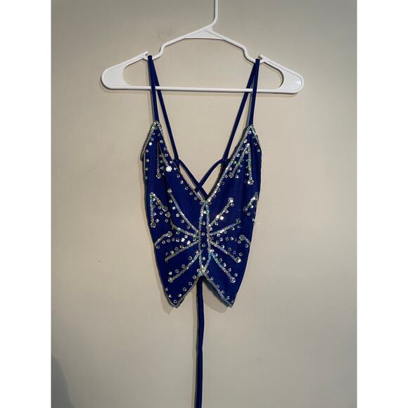 Vintage Blue Butterfly Sequined‎ Open Lace Up Back 90s/Y2K Top - Picture 1 of 6